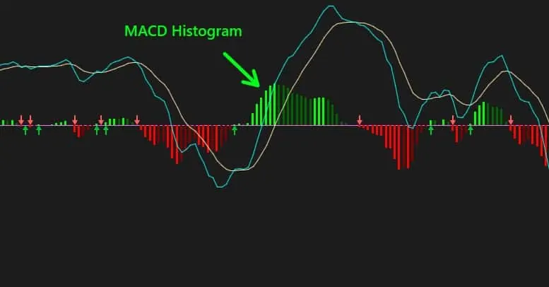MACD lower panel with an arrow labeled MACD Histogram pointing at the green bars above the zero line