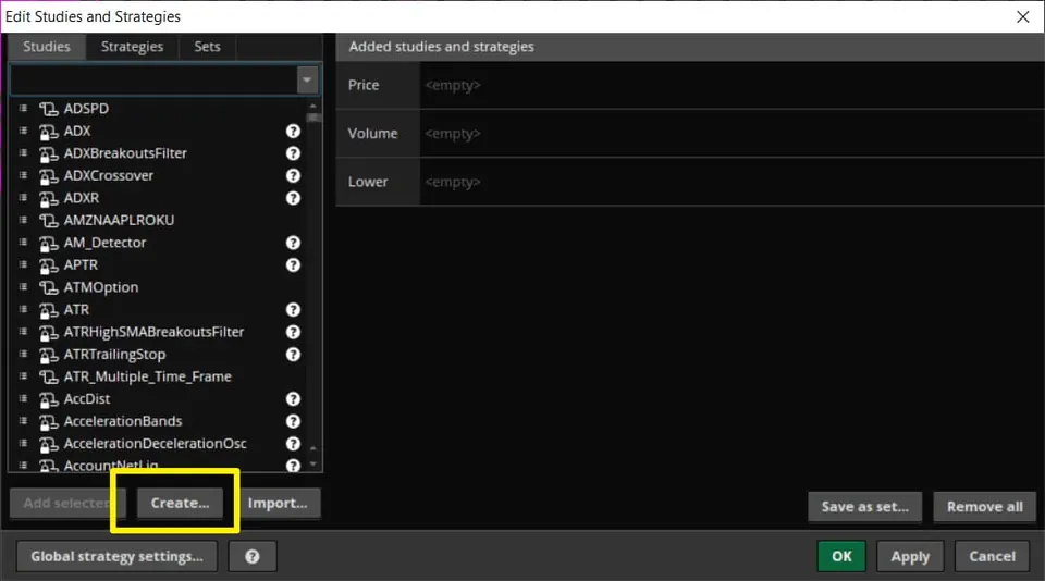 ThinkOrSwim Edit Studies and Strategies window with the Create button highlighted