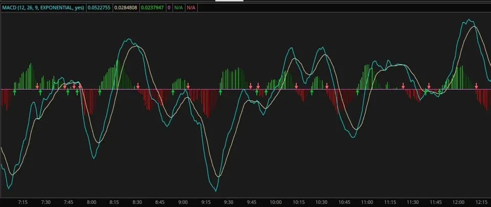 ThinkOrSwim MACD (12, 26, 9, EXPONENTIAL) lower study on an intraday chart: cyan Value line, pale yellow Avg line, green and red histogram bars, and green up arrows and red down arrows along the zero line