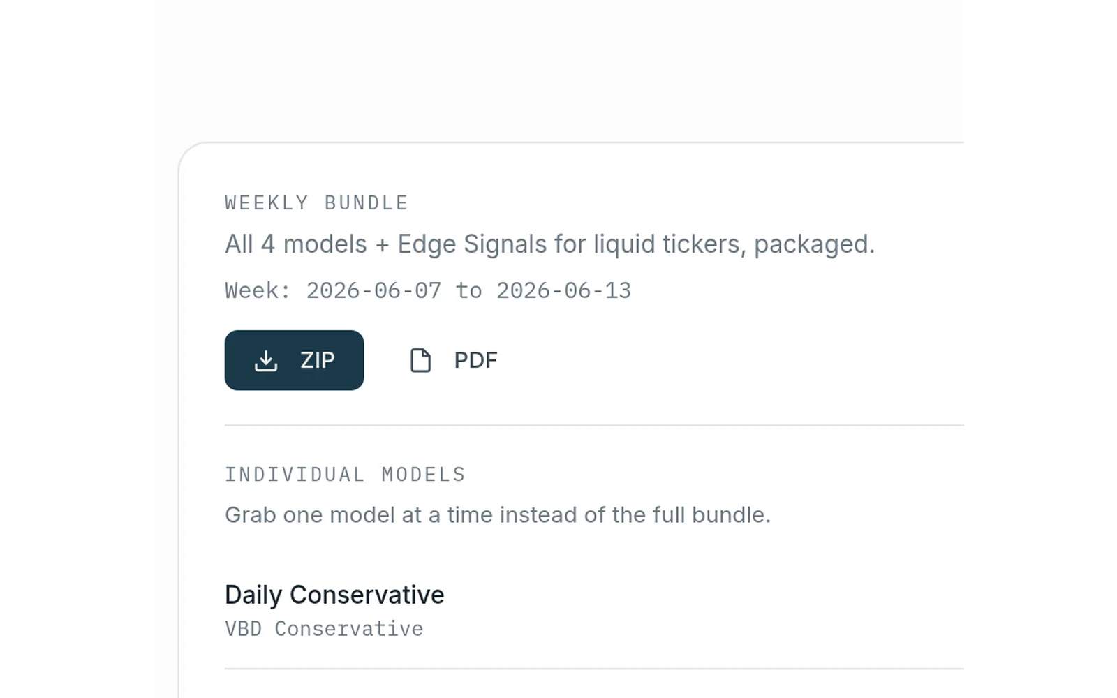 Volatility Box indicator generator: the weekly bundle of all 4 models for ThinkOrSwim, as a ZIP or a PDF